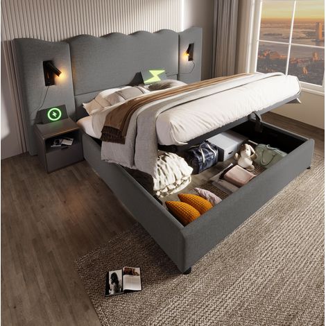 Cama tapizada 180/200 cm gris de lino con almacenaje hidráulico, lámpara de lectura y USB-C (1/5)