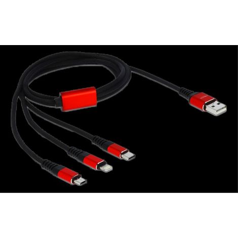 Cable de charge delock 3 en 1 usb a vers lightningmicro usbusb c 1 m - noirrouge