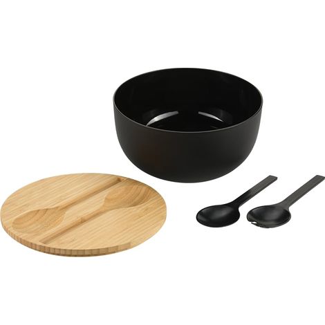 Set de saladiers avec couverts à salade, matériau : plastique (PP), bambou, dimensions : D 24 x H 13 cm, couleur : noir, marron - 58470 (1/3)
