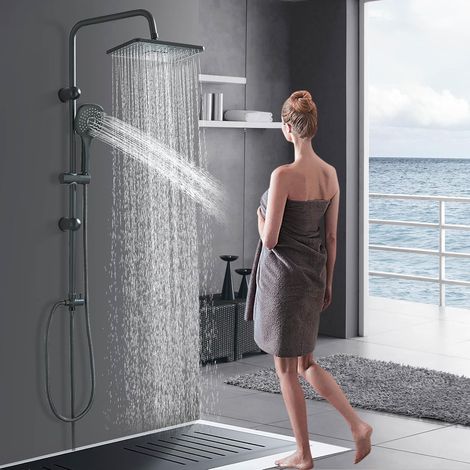 Colonne de Douche sans Mitigeur Noir avec Douchette Ensemble de Douche en Acier Inoxydable avec Tête de Douche Carrée 30  20cm,Douchette à Main à 3 Modes
