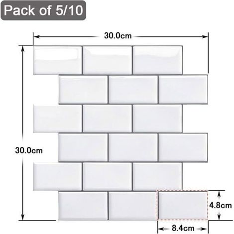 Plus épais Credence Adhesive pour Cuisine, Faux Carrelage Adhesif Mural Salle de Bain, Blanc Crédence Adhesive Metro 3D, 10 Pièces (1/5)