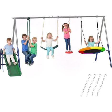 Structure 5-en-1 avec toboggan et balançoire nid réglable, équipement de jeu multicolore, dimensions 382×196×203 cm (1/5)