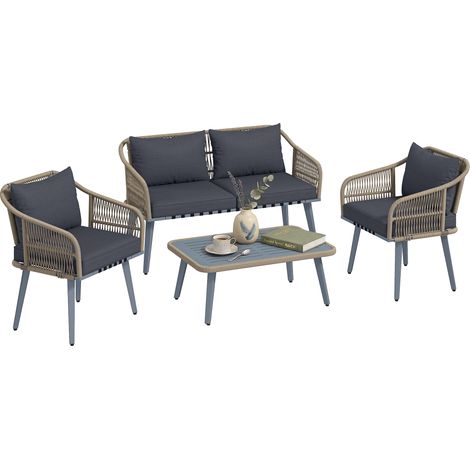 Outsunny 4 Piece Rattan Garden Furniture Set w/ Thick Cushions, Grey