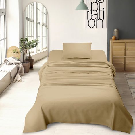 Set Lenzuola 100% Cotone Di Flanella Completo Letto Made In Italy Anti-Pilling Tinta Unita Lenzuolo Sopra Sotto Federe Beige - Piazza e mezza