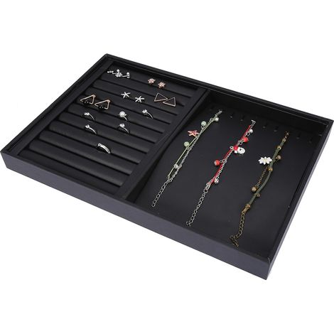 Plateau de présentation pour bijoux, porte-bracelets, bagues, boucles d'oreilles et colliers, étui de rangement (PU noir)
