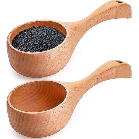 Lot de 2 cuillères à sel de bain, louche de cuisine en bois à manche court de 23 cm pour la cuisson et le service de la farine, du riz et des haricots. (1/4)