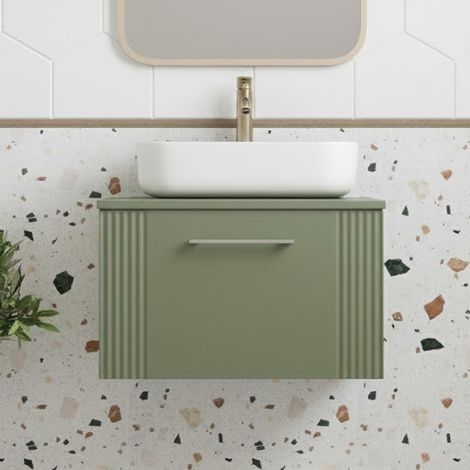Nuie Deco Satin Green 600mm Wall Hung Single Drawer Vanity Unit with Worktop - DPF894W