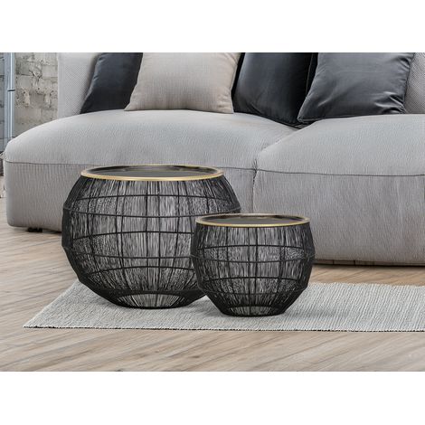 Couchtisch MIKA 2 teilig - Korbtisch Metall in Schwarz mit Goldakzenten (1/5)