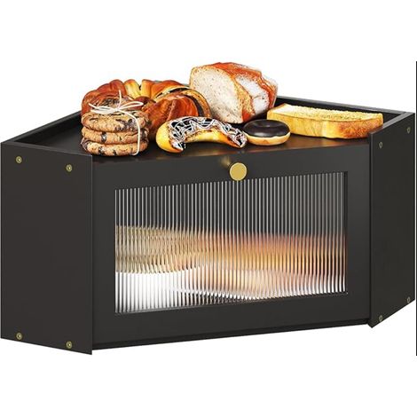 Boîte à pain d'angle pour cuisine en bambou avec porte en acrylique transparente - Noir - Corbeille à pain pour coins de cuisine - Grande au design rustique - 32 x 32 x 20 cm (1/5)