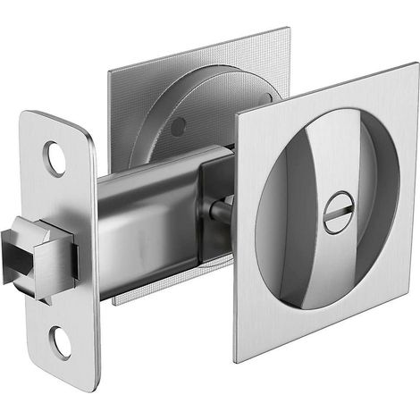 Serrure pour porte coulissante de chambre/salle de bain, quincaillerie contemporaine en nickel satiné pour porte coulissante carrée, pour plus d'intimité. (1/5)