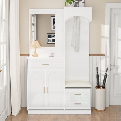 MEUBLIV Mueble de entrada 110x33x185,5 cm blanco – con espejo, banco y almacenaje (1/5)
