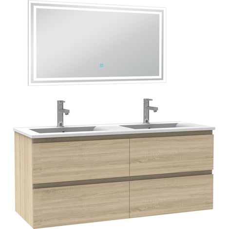 Ensemble meuble de salle de bain 120cm, vasque céramique et LED miroir mural, chêne