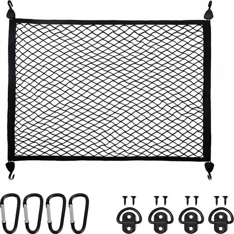 1 Filet Coffre 70x50cm, Élastique, 4 Crochets, 4 Mousquetons, 4 Anneaux, Rangement Auto Chien Camping-Car