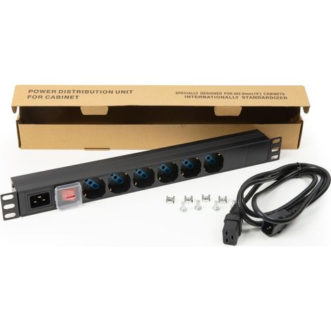 Link multipresa da rack LK10062C con 6 prese universali Schuko/italiane tripolari UNEL 2P+T 16A con connettore maschio C20 in metallo per armadi rack 19”, misure 48,5x4,5x4,5. Alette reversibili.