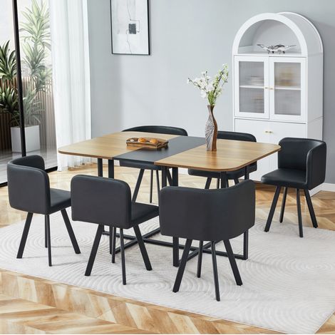 Set Tavolo da Pranzo e Sedie Allungabile, Sedie Riponibili Sotto il Tavolo, in MDF e Metallo, Nero e Legno (1/5)