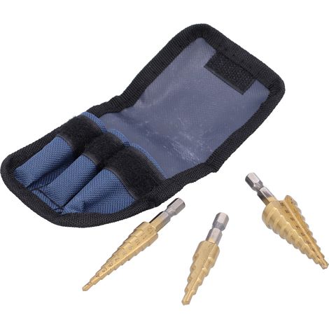Jeu de 3 forets étagés en acier rapide, queue hexagonale, goujure droite, avec pochette de rangement (1/5)