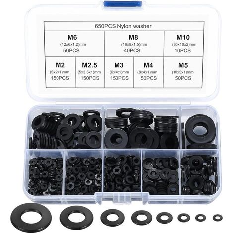 650 pièces Rondelles Nylon Plates, Rondelles de Carrosserie en Plastique, Entretoises Joint D'étanchéité pour Vis Isolation - Noir, M2/M2,5/M3/M4/M5/M6/M8/M10 (1/5)