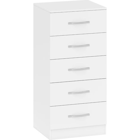 Commode blanche 5 tiroirs en panneau de particules avec poignées argentées - 40x35x85 cm (1/5)