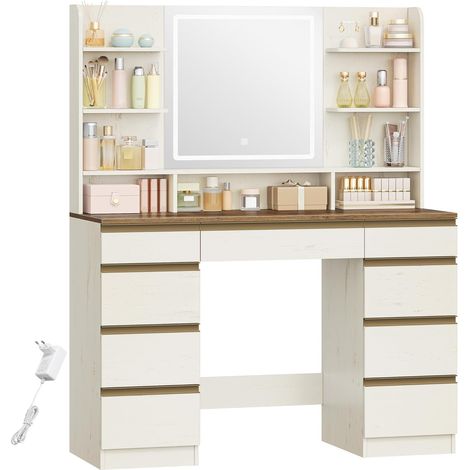 Toeletta da Trucco Grande con Illuminazione a LED, 3 Colori, Luminosità Regolabile, Tavolo da Trucco con Specchio, 9 Cassetti, 9 Ripiani Aperti, Stile Moderno, Bianco-Marrone (1/5)