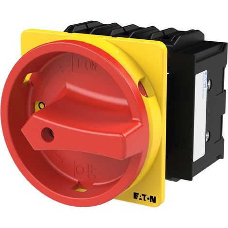 Eaton Interruptor principal, P3, 63 A, montaje, 3 polos, 1 NC, 1 NA, función de PARADA DE EMERGENCIA, con empuñadura giratoria roja y collar de bloqueo amarillo, bloqueable en posición 0, 019891