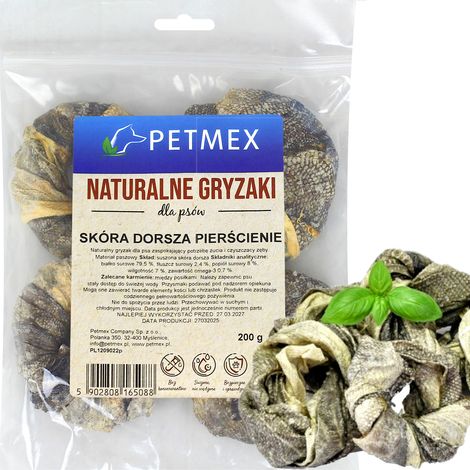 Friandises naturelles à mâcher pour chiens : anneaux de peau de cabillaud séchée Petmex 200 g