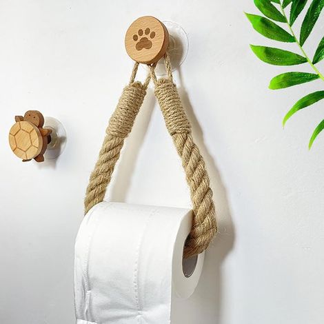 Porte-papier toilette marin, étagère murale en corde naturelle avec crochets en bois, porte-serviettes sans perçage pour la salle de bain, décoration rustique de style bord de mer (1/5)