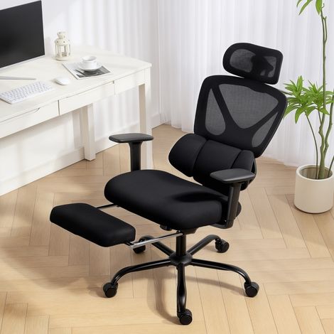MEUBLIV Chaise de bureau ergonomique noire – appui-tête réglable, repose-pieds, roulettes (1/5)