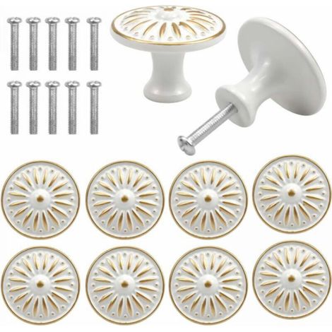 Set of 10 vintage door and drawer handles, 35 mm, round, in brass (white) (1/5)