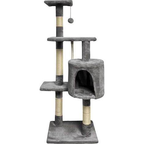 Arbre a chat - 40 x 40 x 110 cm - PALOMA - Gris foncé - 3 plateformes, 1 corde, 1 niche , poteaux a griffer (1/5)