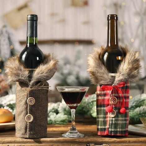 Père Noël Couverts Vin Accessoires de Vaisselle Table Jupe à Carreaux Rayée Décorative Bouteille 2pcs Rouge (1/5)