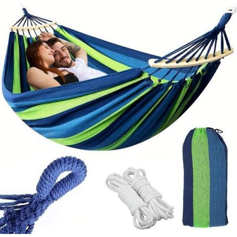Hamac Jardin - 270 x 160 cm - Pour 2 Personnes - Charge Max 200 kg - Multicolore Rayé - Avec Cordes Et Crochets Métalliques - Sac De Rangement Inclus (1/4)