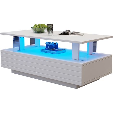 Table basse LED blanche avec rangement, table de salon acrylique 100x50x42 cm, contrôle par application mobile (1/5)