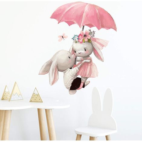Pegatinas de pared decorativas de dibujos animados con forma de paraguas de conejo, murales, pósteres de arte DIY, pegatinas de pared autoadhesivas para la decoración de habitaciones infantiles y guar (1/4)