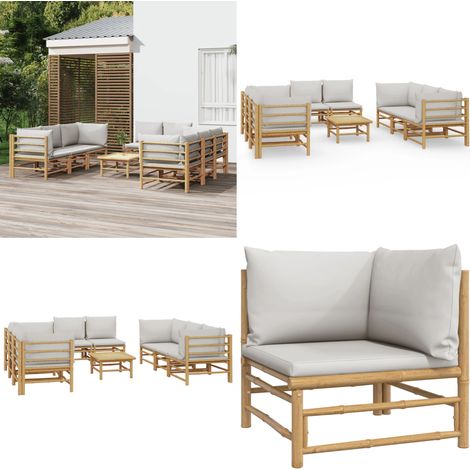 Set de muebles de jardín 9 piezas bambú y cojines gris claro - Muebles de exterior - Sofás de jardín