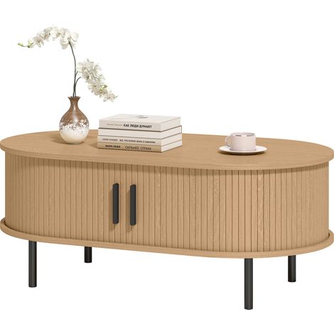 Table basse ovale en bois, table de salon moderne avec portes coulissantes et rangement caché, 100x55x40cm, bois naturel (1/5)