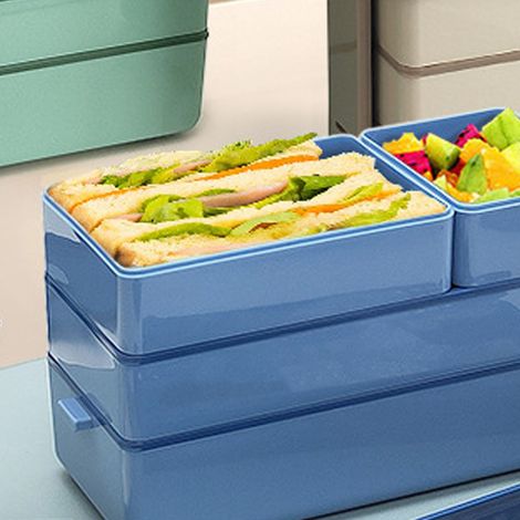 Dreiteilige Lunchbox, ideal für Büroangestellte und Studenten, Bento-Box aus Kunststoff, mikrowellengeeignet, fettarme Lunchbox, blau. (1/5)