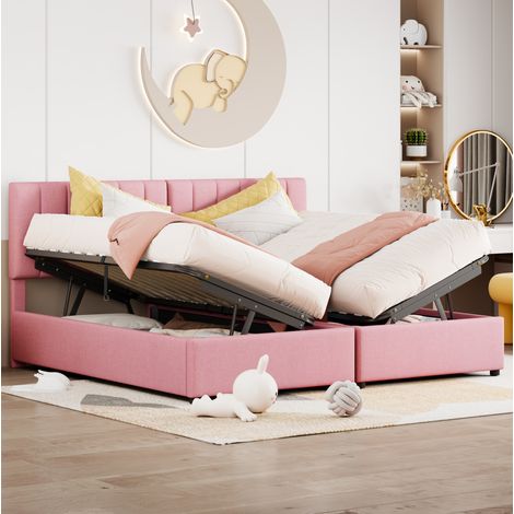 Letto imbottito 180x200 cm rosa, con contenitore idraulico e 2 lettini 90 cm (1/5)