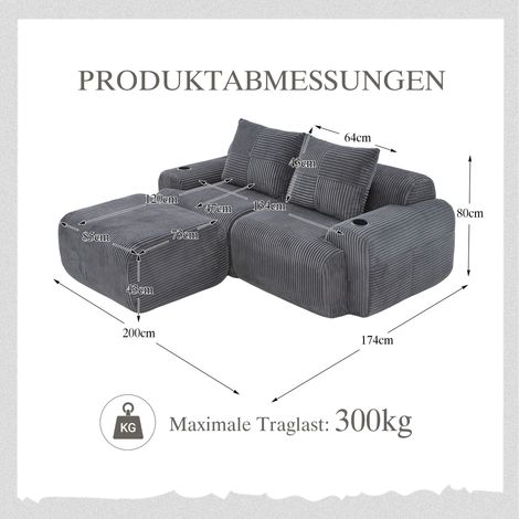 Canapé modulable 2 places en velours côtelé avec poufs, porte-gobelet et poche rangement – idéal salon, salle familiale – gris foncé (1/4)