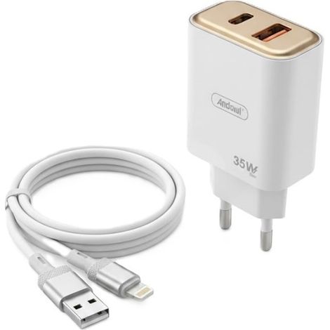 Andowl - Kit Caricabatterie Da Parete 2 Porte Type-c + Usb Da 35 W Con Cavo Usb A Lightning Q-cd45 - (1/4)
