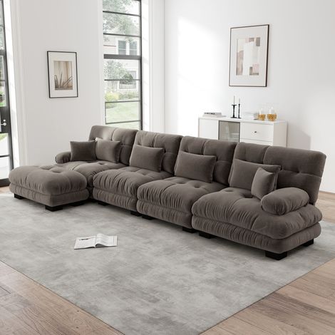 Divano angolare modulare, set di divani a L per soggiorno, comodi divani a nuvola a 4 posti con pouf mobile, combinazione fai-da-te, ciniglia, marrone