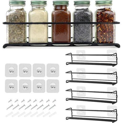 Étagère à Épices Mural en Acier Inoxydable Porte Épices de Cuisine Adhésif sans Perçage Idéal pour Bocaux à Épices Organisateur d'Épices 29X6X6cm (Noir, Ensemble 4 pièces) (1/4)
