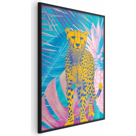 Exotisches Leopardenposter – Farbenfrohes Porträt eines Geparden vor tropischem Blätterhintergrund (1/4)