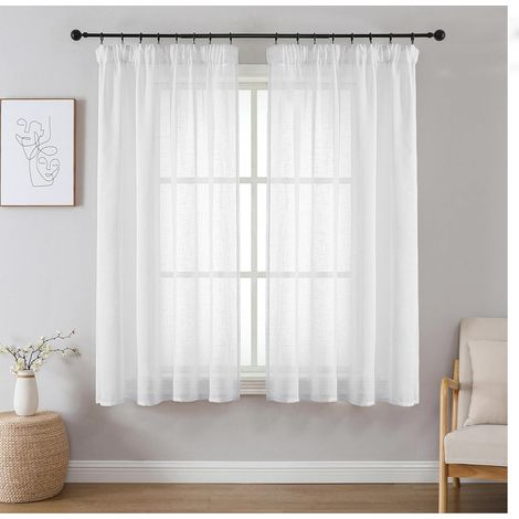Lot de 2 Rideaux Voilages Blanc 140x160 cm pour Rail Plafond, Voilage Semi-Transparent Effet Lin avec Galon Fronceur pour Décoration Interieure et Filtrage de Lumière (sans Crochets) (1/5)