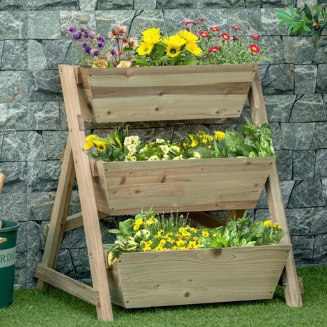 Pflanzentreppe 71x61x77 cm natur aus Holz mit 3 Ebenen und Drainage (1/5)
