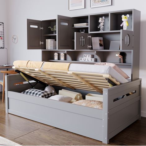 Cama individual de madera gris de 90x200 cm con almacenamiento hidráulico, estantes y somier de láminas. (1/5)