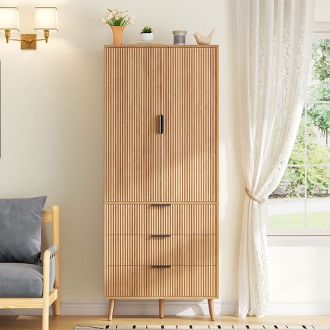 Buffet de rangement 75x35x180 cm, meuble de cuisine avec 2 portes et 3 tiroirs, étagères réglables, façade rainurée, MDF, Naturel (1/5)