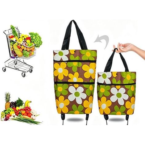 Chariot de courses pliable - Marron - Chariot/sac bandoulière 3 en 1 à roulettes - Grande capacité, robuste et durable, léger et portable (1/5)