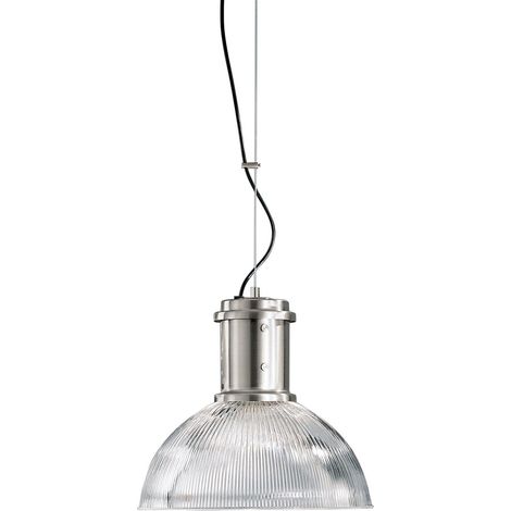 Lampada a Sospensione BEK in Vetro Trasparente Rigato con Struttura in Metallo Nichelato, Attacco E27, IP20, 75W - Rossini Group