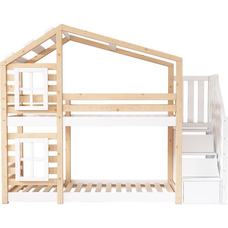 (=AB30604567W) Lit cabane pour enfant 90 x 200 cm, lit superposé pour enfants avec rangement et barrière antichute style fenêtre, naturel et blanc – 2x sommier à lattes (sans matelas) (1/5)