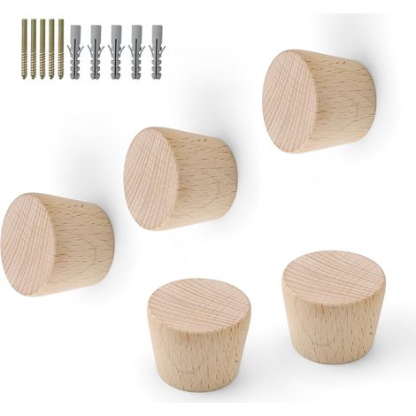 Patere Murale Bois 5 Pièces, Patères Individuellement en Bois, Conique Etagere Murale Ronde, avec Vis et Tubes D'expansion, Patere Bois pour Suspendre Vêtements, Chapeaux, Sacs (1/5)